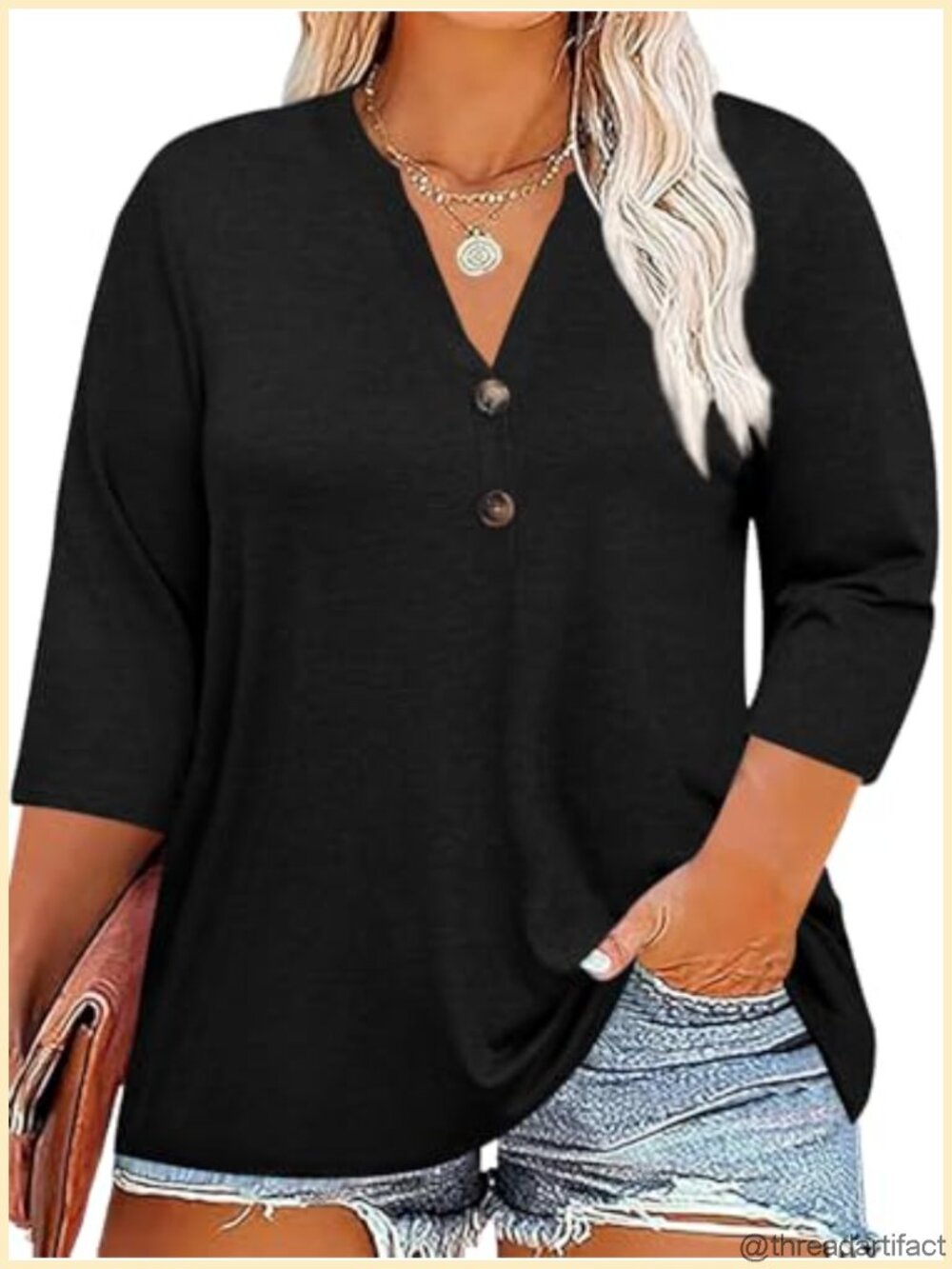 Women's Plus Size 3/4 Sleeve V-Neck Henley Tunic Tee Casual Top